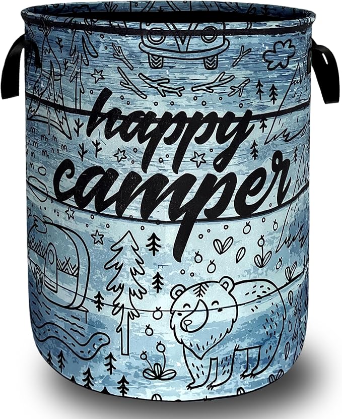 Retro Camping Printed Laundry Basket Foldable Bears Funny Laundry Hamper With Handle Oxford Cloth Portable Clothes Storage Basket Laundry Bag 18.9"x16.5" For Laundry Room/Bedroom/Bathrooms