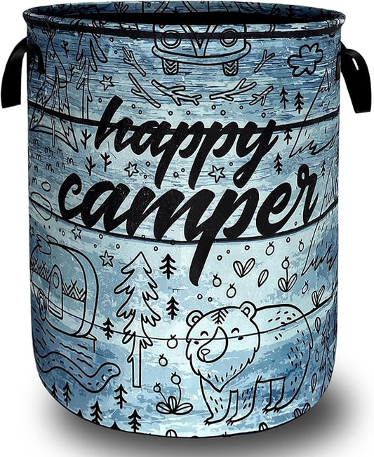 Retro Camping Printed Laundry Basket Foldable Bears Funny Laundry Hamper With Handle Oxford Cloth Portable Clothes Storage Basket Laundry Bag 18.9"x16.5" For Laundry Room/Bedroom/Bathrooms