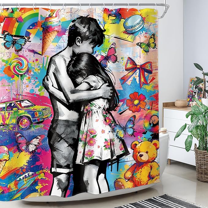 Homewelle Abstract Graffiti Shower Curtain Colorful Funny Toy Bear Floral Flower Butterfly Sweetness Boy Girl Hug Candy Sweet Creative 60Wx72H Inch Cartoon Waterproof Polyester Fabric Bathroom Bathtub