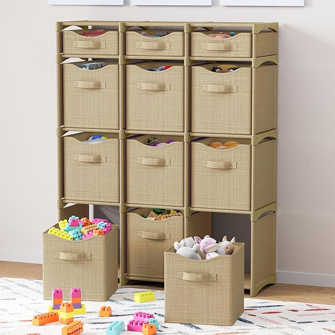 12 Cube Storage Organizer With Bins Included - Closet Storage With 12 Storage Bins - Easy To Assemble Storage Unit With Drawers - Closet Organization For Clothes, Bedroom, Nursery, & Toys (Beige)