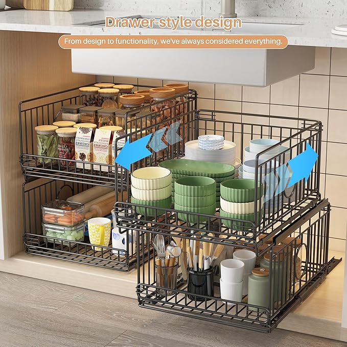 Metal Drawer Organizer for Closet with Sliding Rail, Metal Bbasket Storage Drawers for Wardrobe, Stackable Wire Bins for Clothing and Accessories-Black-4-Pack
