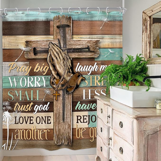 Homewelle Farmhouse Bible Verse Shower Curtain Christian Retro Rustic Wooden Prayer Scripture Inspirational Quotes 60Wx72H Inch Wood Cross Dandelion Flower Waterproof Polyester Fabric Bathroom Bathtub