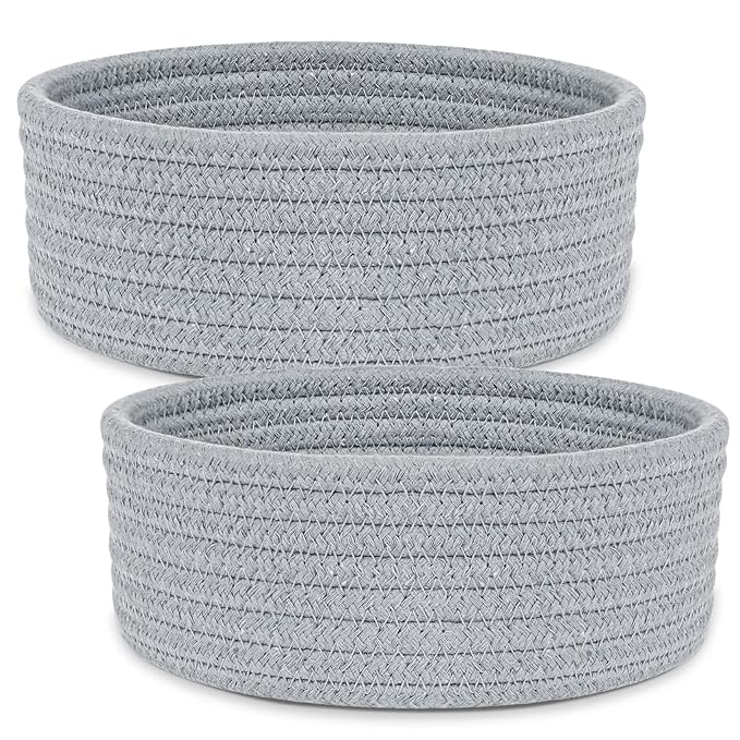 ABenkle 2 Pack Small Baskets, Cotton Rope Woven Basket, Cute Mini Tiny Storage Baskets, Decorative Boho Basket for Nursery Living Room Bedroom Shelf, Empty Gift Basket - Grey
