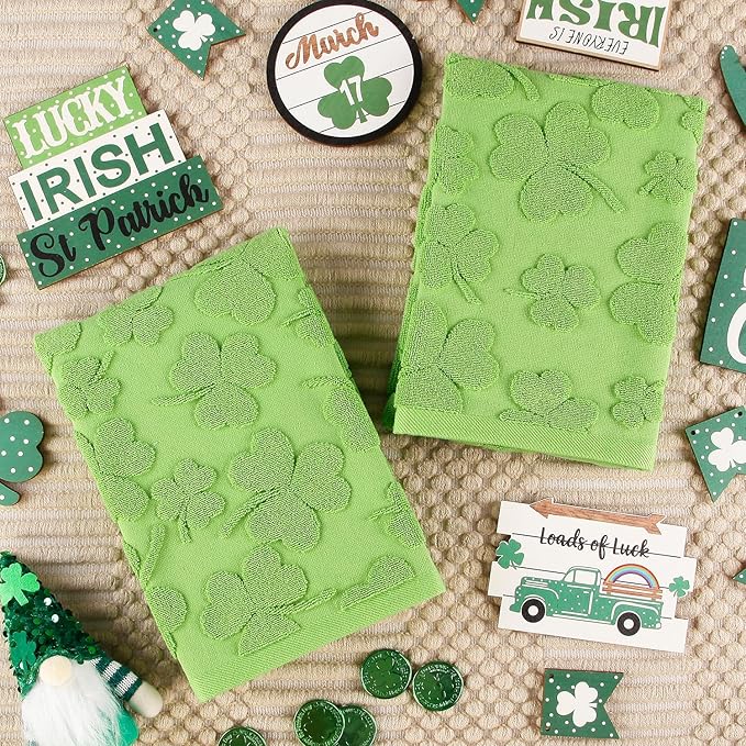 2 Pack St. Patrick's Day Hand Towels Green Clover Shamrocks Melody 100% Cotton Soft Absorbent Decorative Bathroom Towels Set for Kitchen Bath Pool Gym, 13.7'' x 29.5''