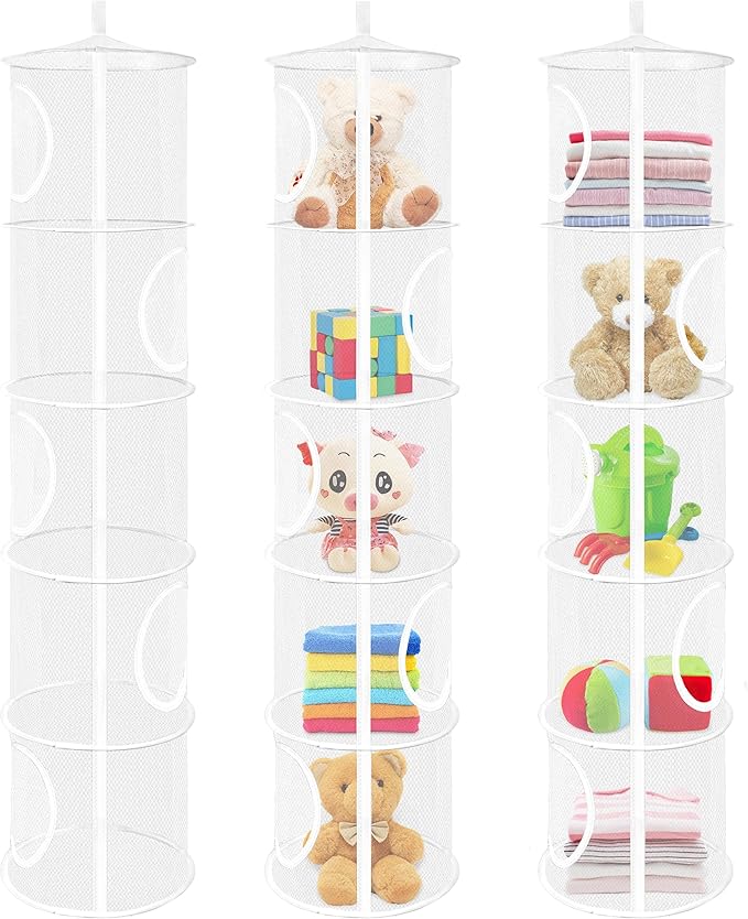 3Pcs Stuffed Animal Storage Foldable hanging net for stuffed animals or Hammock Organizer, 5 Compartments kids toy storage organizer, toy organizer for Kid Room Toys, Gloves, Hats, Socks(White)