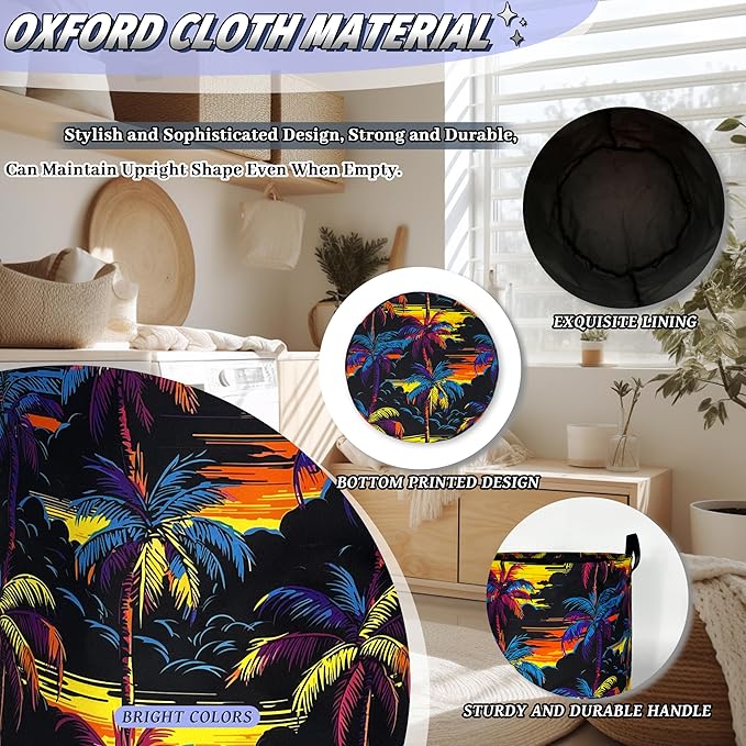 Colorful Palm Tree Laundry Basket Foldable Oxford Cloth Hawaii Laundry Hamper With Handle Portable Clothes Storage Organizer Basket 18.9"x16.5" Storage Bag For Laundry Room/Bathroom/Bedroom
