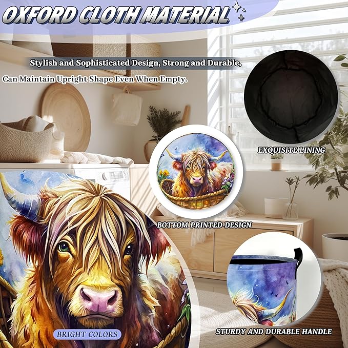 Highland Cow Purple Flowers Laundry Basket Foldable Animal Colorful Laundry Hamper With Handle Oxford Cloth Portable Clothes Storage Basket Laundry Bag 18.9"x16.5" For Laundry Room/Bedroom/Bathrooms