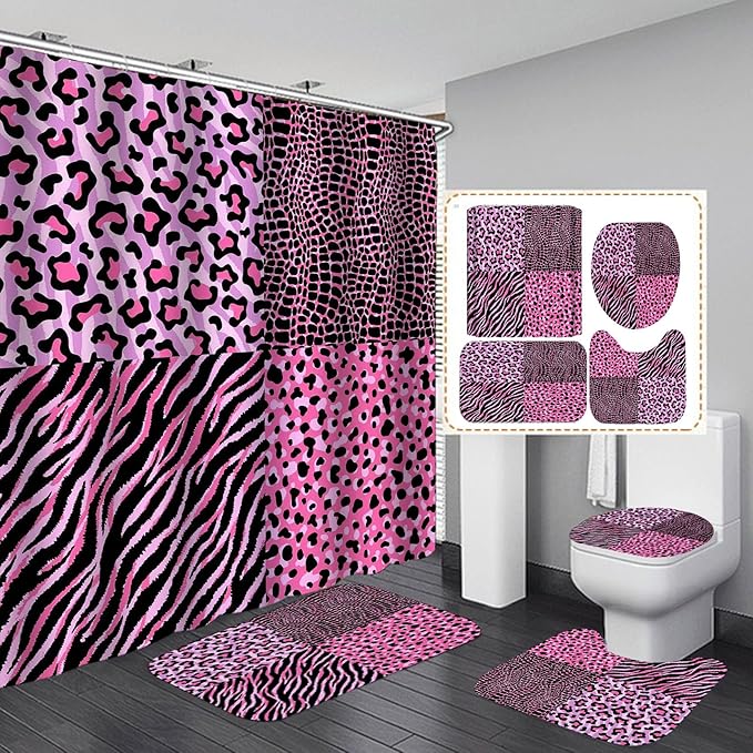 4PCS Pink Leopard Print Shower Curtain Set, Crocodile Zebra Cheetah Print Safari Animals Skin Fur Fashion Glam Teenage Girls Women Bathroom Decor, Non-Slip Bath Mat Toilet Rug, Chic Patchwork
