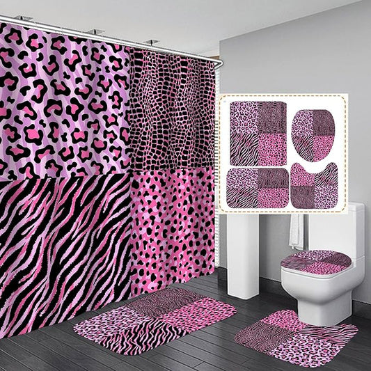 4PCS Pink Leopard Print Shower Curtain Set, Crocodile Zebra Cheetah Print Safari Animals Skin Fur Fashion Glam Teenage Girls Women Bathroom Decor, Non-Slip Bath Mat Toilet Rug, Chic Patchwork
