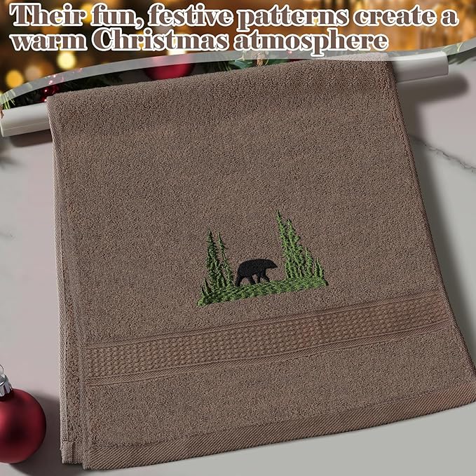 3 Pcs Farmhouse Cabin Bear Hand Towels Forest Moose Deer Embroidered Rustic Decorative Bathroom Towels for Bathroom Kitchen Decor, 100% Cotton, 13.3 x 29.5''