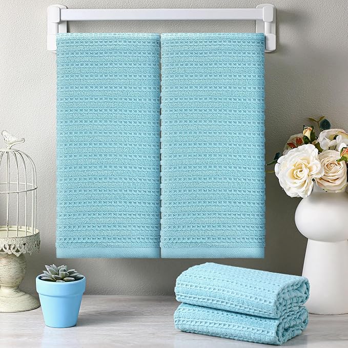 4 Pack Turquoise Kitchen Towels Waffle Striped Pattern 100% Cotton Soft Hand Towels for Bathroom 13 x 29 Inch Absorbent Waffle Washcloths for Bathroom Kitchen