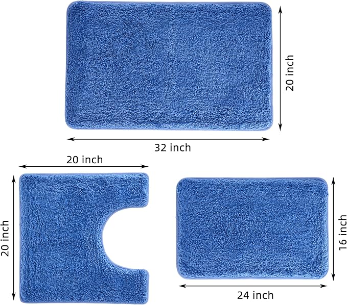 3 Pieces Luxury Bathroom Rug Set with U-Shaped Toilet Rug, Non-Slip Rubber Bottom, Thick Microfiber Fluffy Plush, Water Absorption, Quick Dry, Ultra Soft, Bath Mats for Bathroom, Tub(Sky Blue)