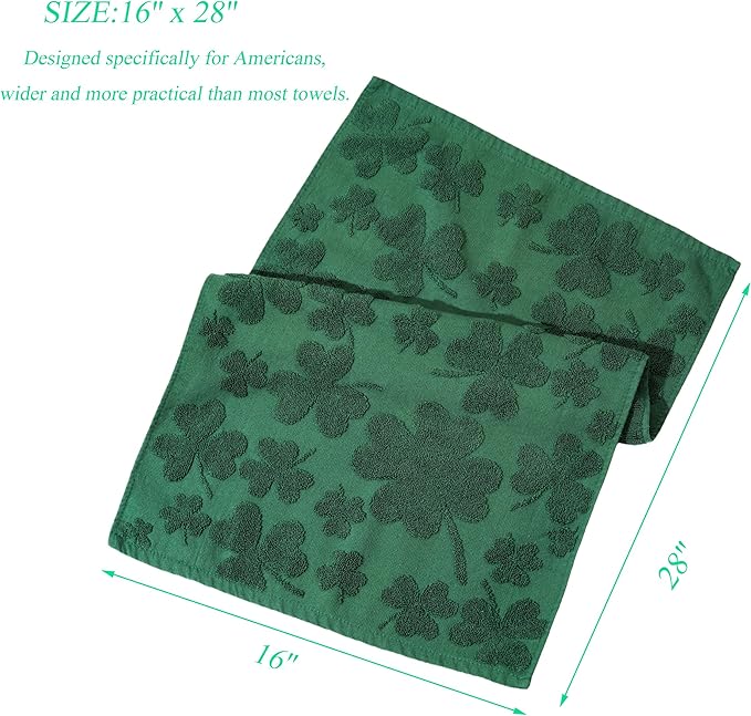 2 Pcs St. Patrick's Day Hand Towels 3D Green Shamrock Bathroom Decorative Towels for Drying, Cleaning, Cooking, Holiday 16'' x 28'' with Gift Box(Green)