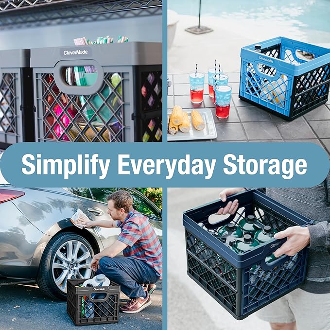 CleverMade Collapsible Milk Crate 25L (6.6 Gal) 3 Pack, 50 lb Heavy Duty Folding Crate – Stackable Storage Crates with File Rails, Plastic Collapsible Crates for Storage - Stone