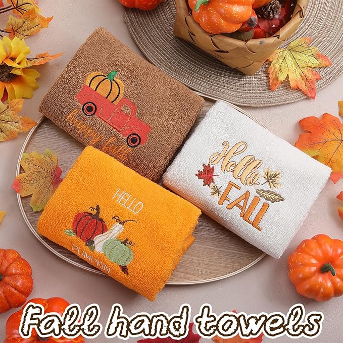 3 Pcs Fall Pumpkin Hand Towels for Bathroom Embroidered Bathroom Towels Farmhouse Decorative 13.78 x 29.53 Inch Absorbent Soft Cotton for Kitchen Dish Fast Drying Decor