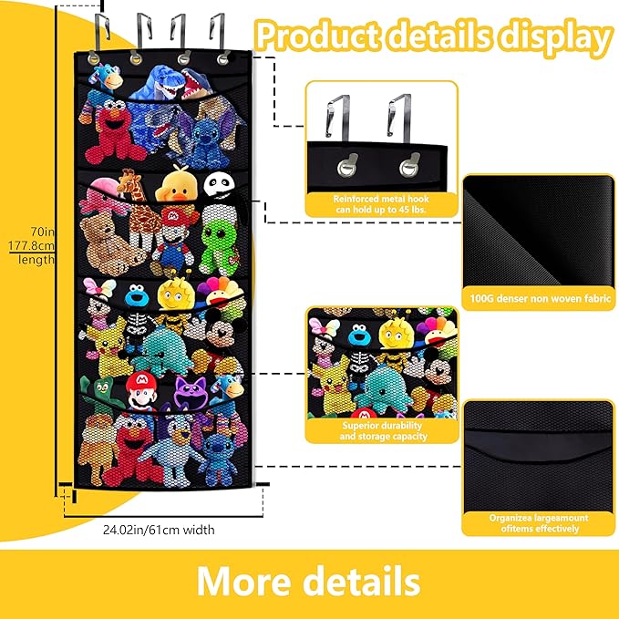 stuffed animal storage,The solution you have been looking for,stuff animal organizer,Holds a lot,toy storage,Way better than the ceiling hammocks,over the door,stuffy storage,Black