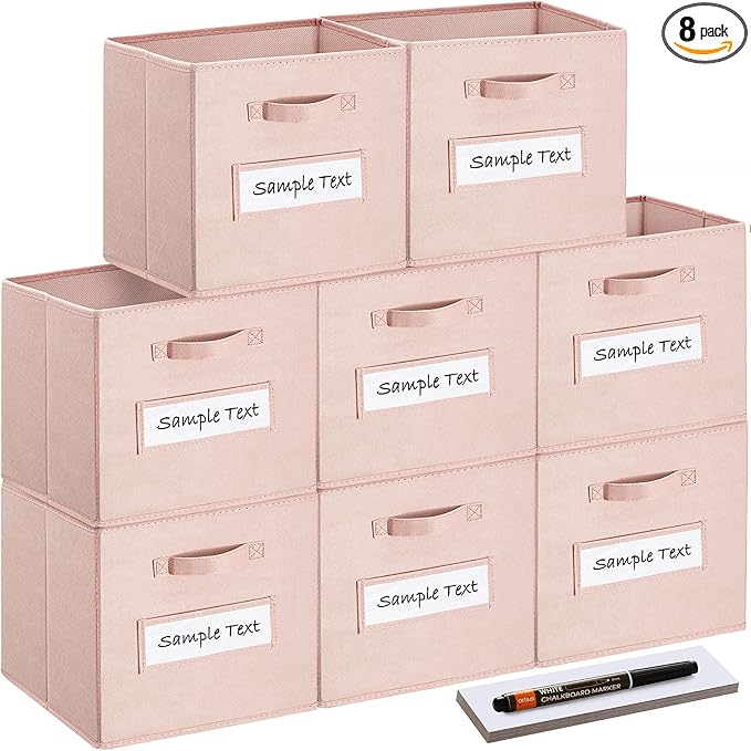 artsdi 13x13x13 storage cube bins(Set of 8) Fabric storage cubes with 8 Labels Window Cards & a Pen, storage cubes 13x13, Collapsible 13 inch cube storage bins, Cubby Boxes, Pink