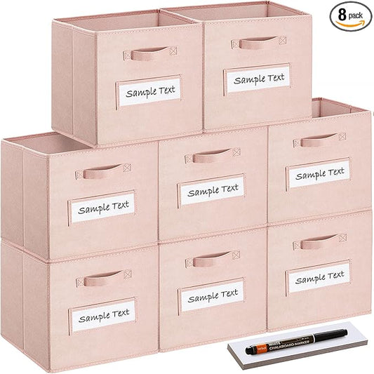 artsdi 13x13x13 storage cube bins(Set of 8) Fabric storage cubes with 8 Labels Window Cards & a Pen, storage cubes 13x13, Collapsible 13 inch cube storage bins, Cubby Boxes, Pink