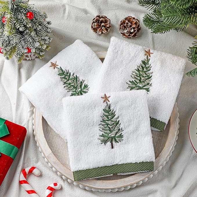3 Pcs Christmas Fingertip Towels 100% Cotton 12 x 18 Inch Decorative Embroidery Xmas Tree with Gold Star Topper Bathroom Hand Towels for Christmas Bathroom Decor