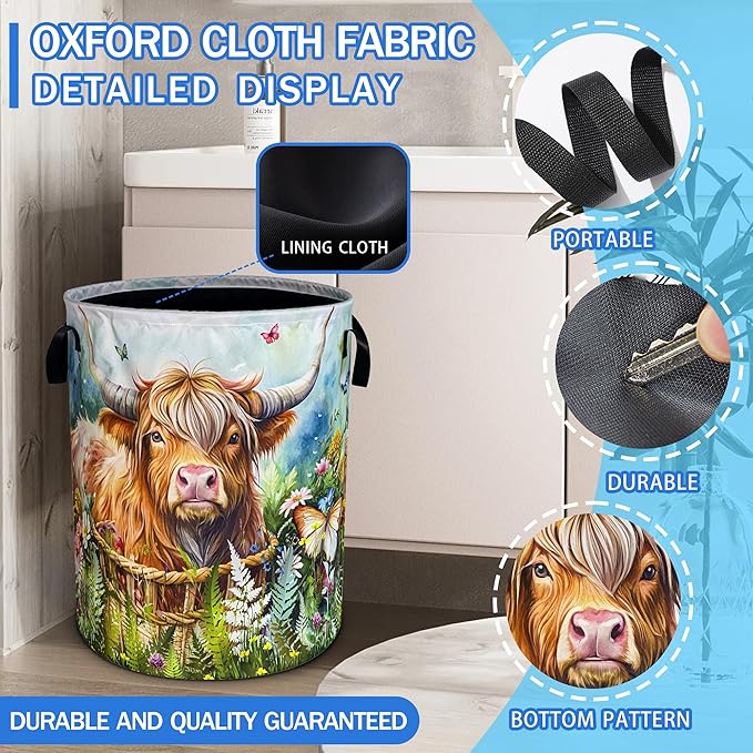 Highland Cow Laundry Basket Longhorn Cattle Oxford Cloth Laundry Hamper With Handle Foldable Portable Clothes Storage Basket 18.9 X 16.5 Inch Storage Bag For Laundry Room/Bathroom/Bedroom