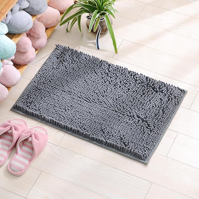 Gray Chenille Bathroom Rugs Set 2 Piece - Non Slip Absorbent Bath Mat for Shower, Quick Dry Machine Washable Floor Mats, Soft Plush, 17"x24"+20"x32" Inch