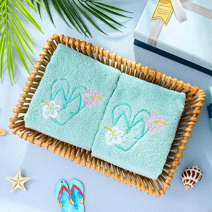 2 Pcs Flip Flops Hand Towels Mint Green Bathroom Decor 14x29 Inch Embroidered 100% Cotton Soft Absorbent Spring Summer Decorative Hand Towels for Bathroom Kitchen