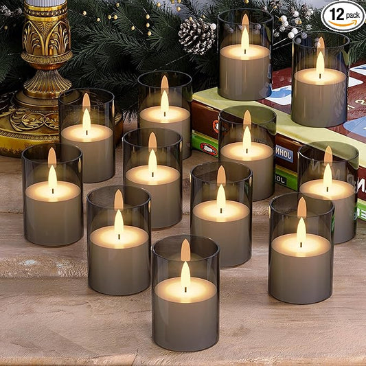 12Pack Flickering Flameless LED Candles with Timer, Battery Powered - Small Pillar & Votive, Grey (2"X3")