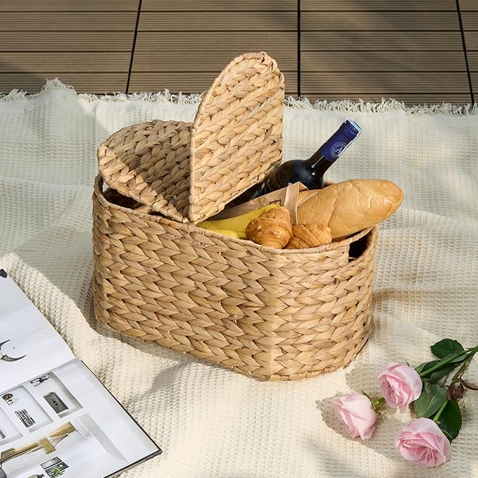 Woven Laundry Basket with Lid - Large Wicker Hamper with Lid for Clothes Storage - Round Rattan Laundry Hamper - Water Hyacinth Storage Basket with Lid (Natural Brown, 16.1x10.2x8.3 in)