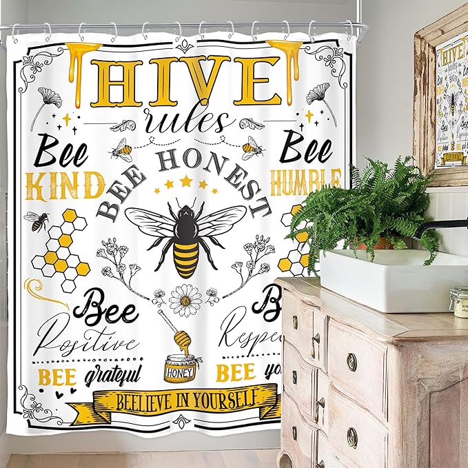 Homewelle Black Yellow Bee Words Shower Curtain Inspirational Quotes Motivationa Rustic Retro Floral Flower Plant Honeycomb 60Wx72H Inch Aesthetic Vintage Waterproof Polyester Fabric Bathroom Bathtub