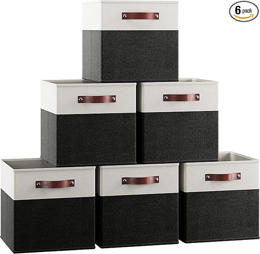 Ornavo Home 11 x 11 Storage Cube Bins, Foldable Collapsible Fabric Storage Bins Box Linen Shelf Basket Cube Organizer for Closet with Leather Handles, 6 Pack, White/Black