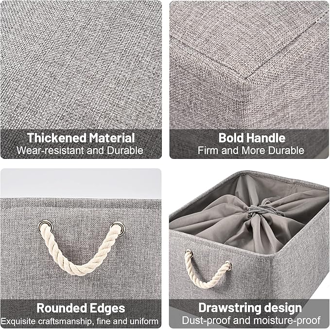 HOdo Home 3PCS Storage Bins, Fabric Bin with Drawstring Closure and 2 Bold Handles, Collapsible Large Canvas Baskets for Organizing Shelf Nursery Home Closet (15.8×11.8×9.5 In, Grey)