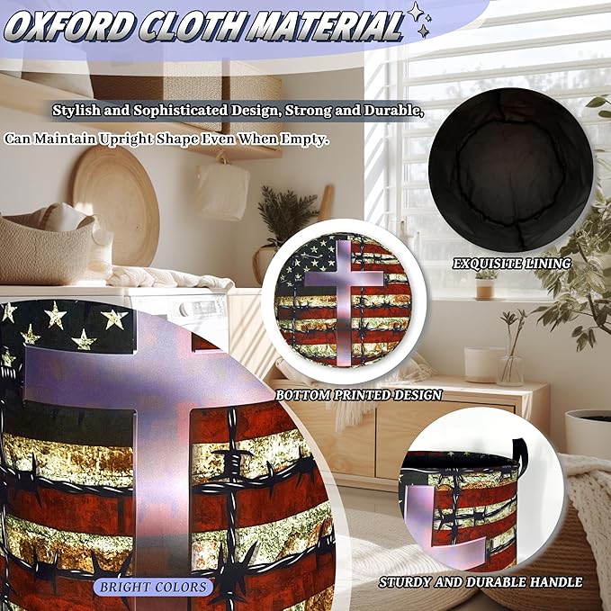 American Flag Cross Laundry Basket Foldable Christian Laundry Hamper With Handle Oxford Cloth Portable Clothes Storage Basket Laundry Bag 18.9"x16.5" For Laundry Room/Bedroom/Bathrooms