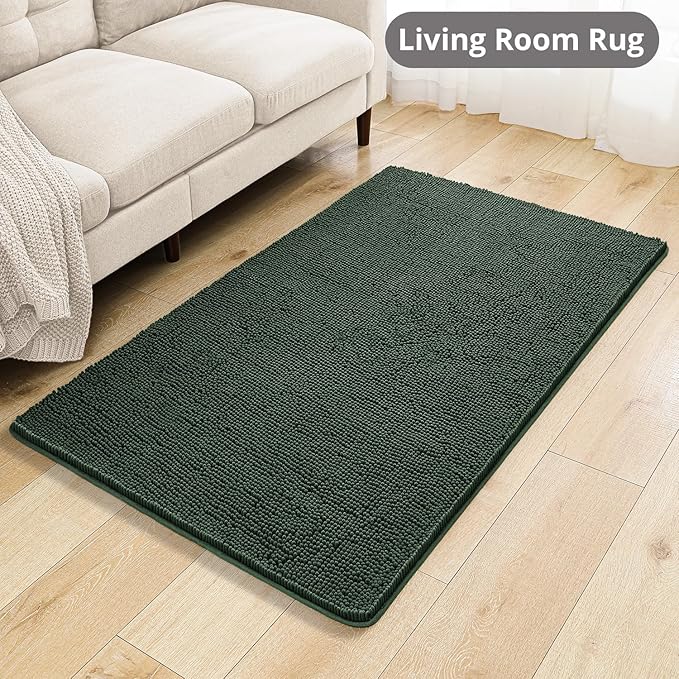 Hunter Green Bathroom Rugs 36"x60" - Large Plush Chenille Non-Slip Runner Bath Mat - Absorbent, Washable, Soft Decor for Shower, Sink, Tub, Floor, Home Accessories