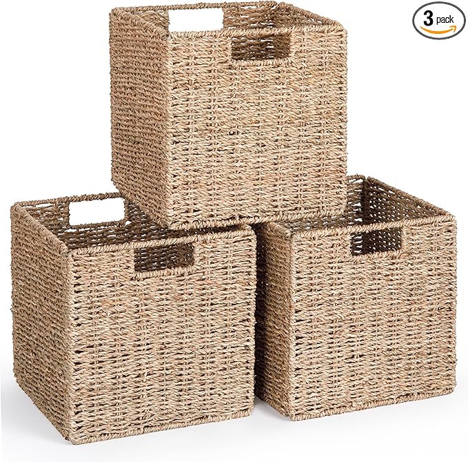 10.5 x 10.5in Cube Seagrass Storage Baskets, Foldable Square Wicker Storage Baskets for Shelves Set of 3, Large Cubby Rattan Basket, Collapsible Cube Storage Bins