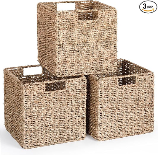10.5 x 10.5in Cube Seagrass Storage Baskets, Foldable Square Wicker Storage Baskets for Shelves Set of 3, Large Cubby Rattan Basket, Collapsible Cube Storage Bins