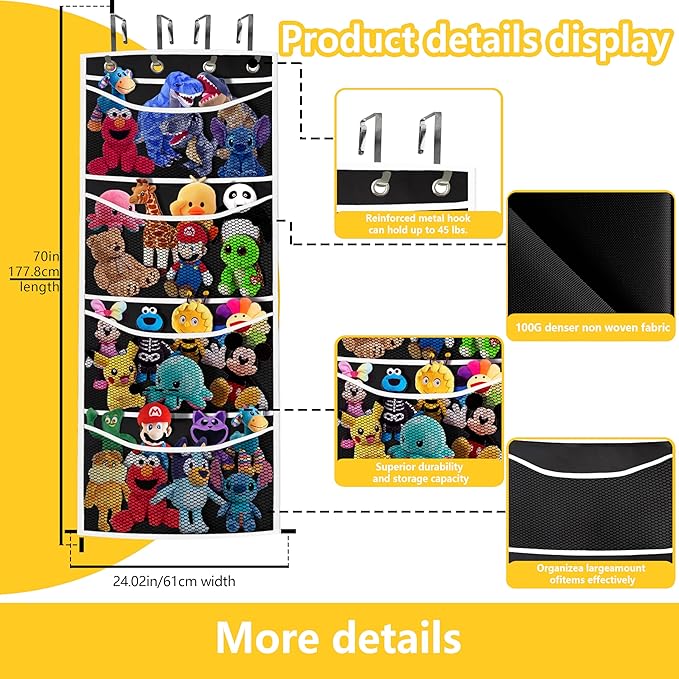 stuffed animal storage,The solution you have been looking for,stuff animal organizer,Holds a lot,toy storage,Way better than the ceiling hammocks,over the door,stuffy storage,Black+White