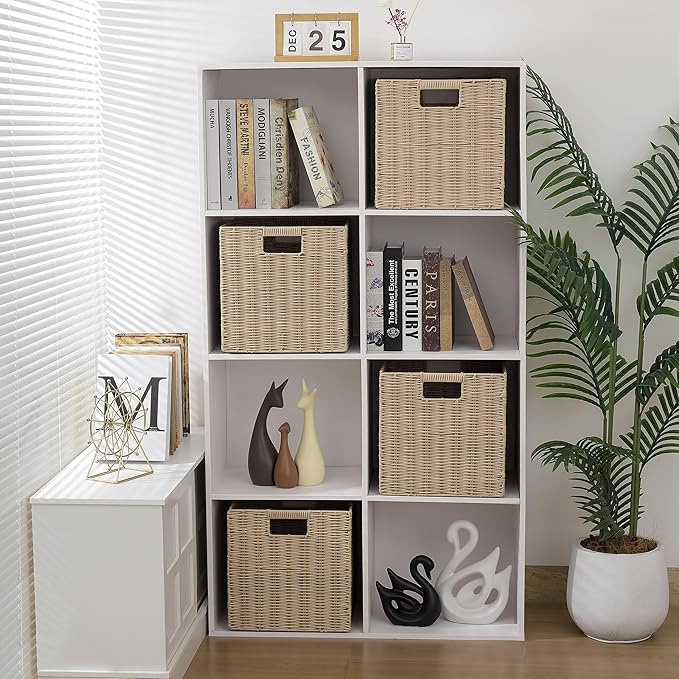 10.5 x 10.5 in Plastic Wicker Baskets for Cube Storage, Collapsible Square Wicker Storage Basket Set of 3, Rattan Storage Cube, Square Baskets for Shelves - Beige