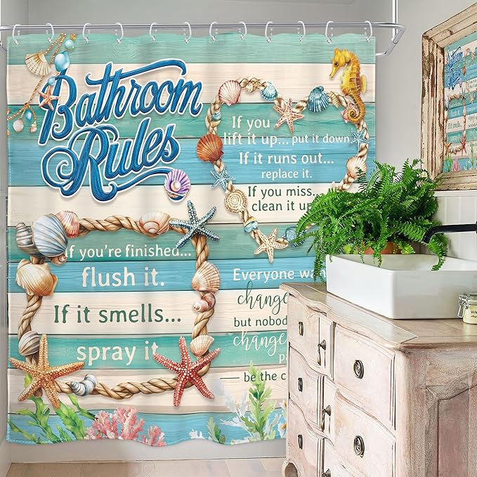 Homewelle Bathroom Rules Shower Curtain Teal Blue Kids Farmhouse Rustic Funny Starfish Beach Ocean Sea Inspirational Quotes Wooden Board Retro 72Wx72H Inch Waterproof Polyester Fabric Bathroom Bathtub