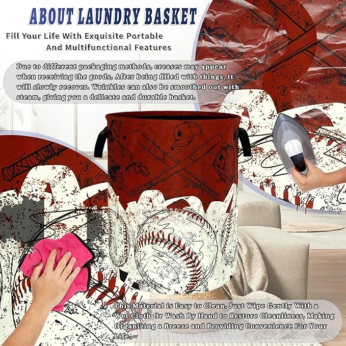 Red White Retro Baseball Laundry Basket Foldable Baseball Funny Laundry Hamper With Handle Oxford Cloth Portable Clothes Storage Basket Laundry Bag 18.9"x16.5" For Laundry Room/Bedroom/Bathrooms