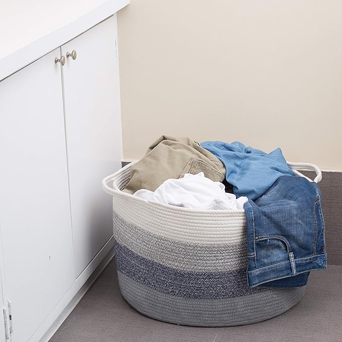 Cotton Rope Basket - Large Decorative Woven Storage Blanket Basket Bin with Handles for Organizing Baby Nursery, Dog Toy, Stuffed Animal or Laundry