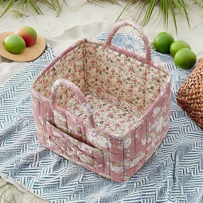 Boho Fabric Storage Basket, Large Capacity Laundry Basket, 12.2'' x 10.23'' x 10.23'' Collapsible Laundry Hamper with Easy Carry Handles (Dark Khaki, L)