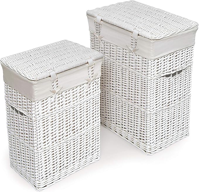 Badger Basket Wicker Nursery Laundry Hampers Set of 2 with Lids and Washable Liners – Large Durable Storage Baskets for Clothes, Toys, and Baby Room Organization, White