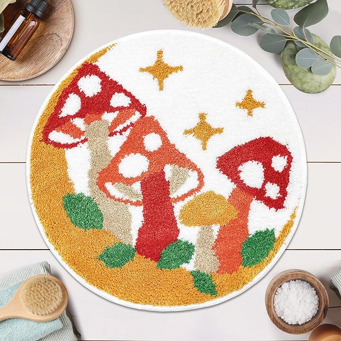 Hexagram Mushroom Rug, Cottagecore Mushroom Decor for Home Gifts, Colorful Round Small Cute Bathroom Rug 22.4×22.4 Inch, Non Slip Washable Soft Fun Bath Mat for Bathtub, Shower Room, Bedroom, Door