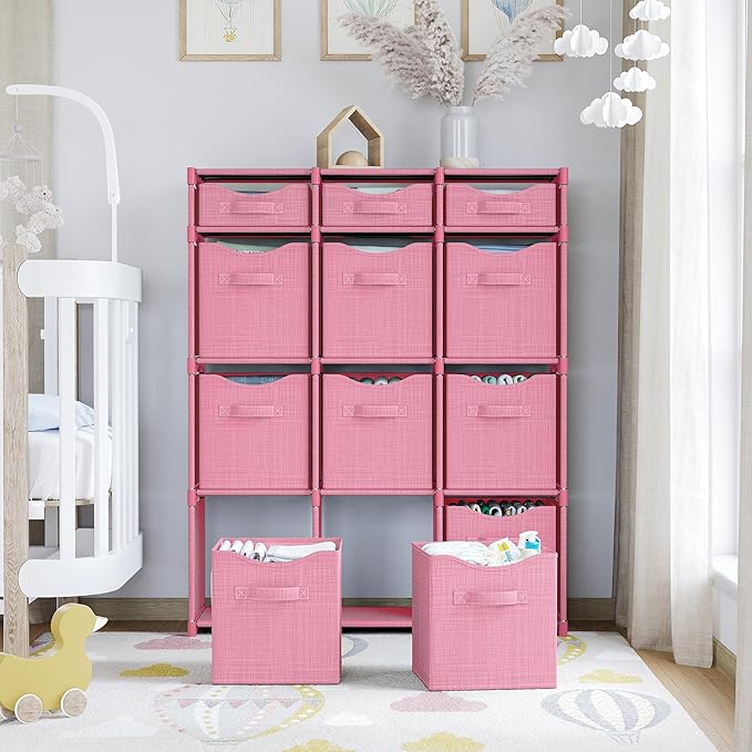 12 Cube Storage Organizer With Bins Included - Closet Storage With 12 Storage Bins - Easy To Assemble Storage Unit With Drawers - Closet Organization For Clothes, Bedroom, Nursery, & Toys (Pink)