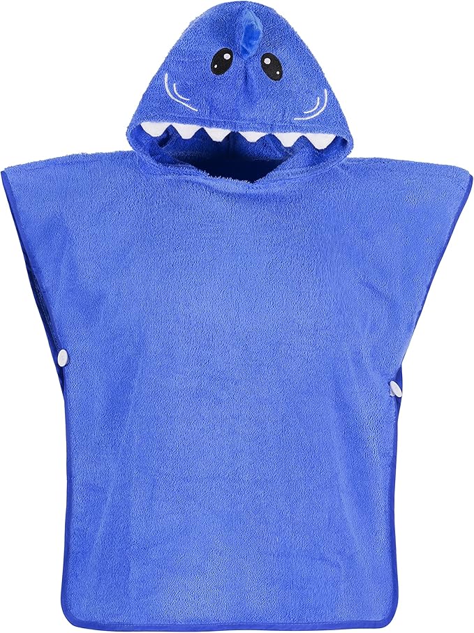 Hudz Kidz Premium Hooded Towel Poncho for Kids & Toddler - 100% Cotton (Blue Shark)