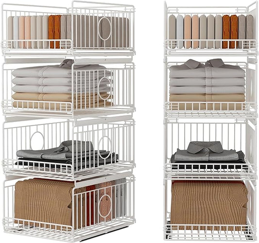 4-Pack Metal Drawer Organizer for Closet with Sliding Rail, Metal Bbasket Storage Drawers for Wardrobe, Stackable Wire Bins for Clothing and Accessories-White