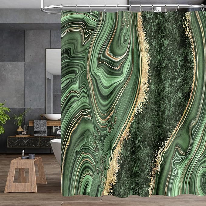 4PCS Sage Green Marble Bathroom Sets with Shower Curtain and Rugs, Abstract Gold Shower Curtain Sets with Rugs for Bathroom, Modern Bathroom Curtains Shower Set with Toilet Lid Cover