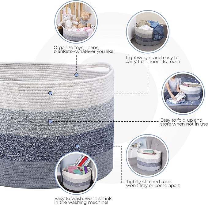 Cotton Rope Basket - Large Decorative Woven Storage Blanket Basket Bin with Handles for Organizing Baby Nursery, Dog Toy, Stuffed Animal or Laundry
