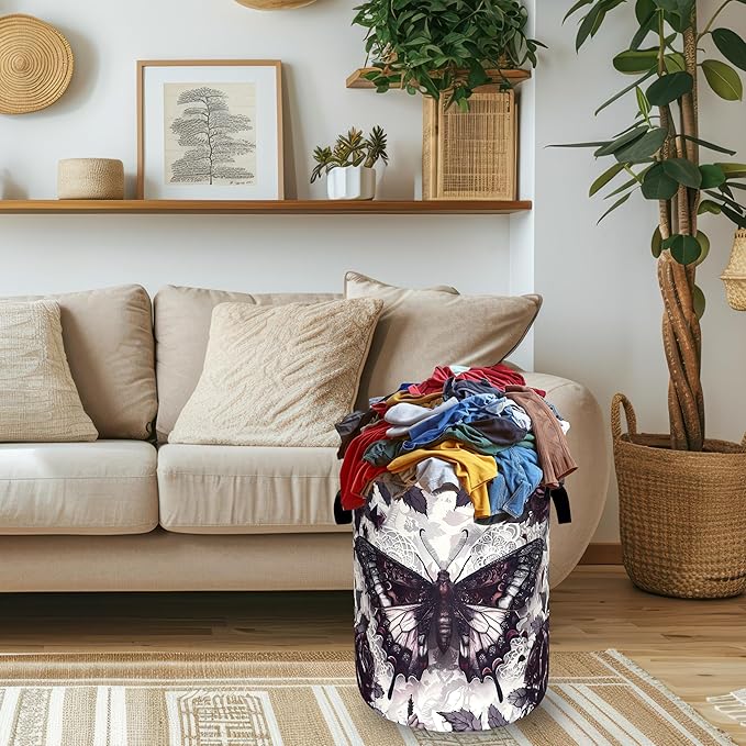 Purple Butterfly and Rose Flowers Laundry Basket Foldable Colorful Laundry Hamper With Handle Oxford Cloth Portable Clothes Storage Basket Laundry Bag 18.9"x16.5" For Laundry Room/Bedroom/Bathrooms