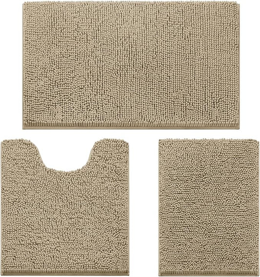 HOMEIDEAS 3 Pieces Bathroom Rugs, Ultra Soft Non Slip Absorbent Chenille Toilet Bath Mat Set (Taupe)